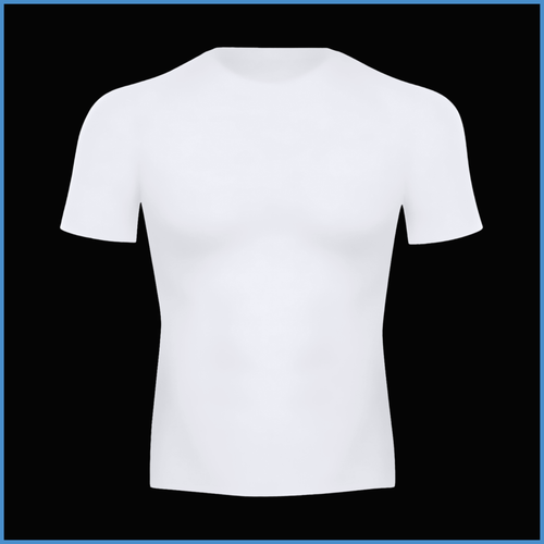 A plain white short-sleeve crew-neck t-shirt displayed on a black background with a thin blue border.
